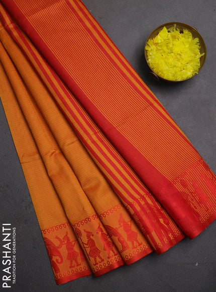 Semi dupion saree mango yellow and red with allover thread weaves and thread woven border