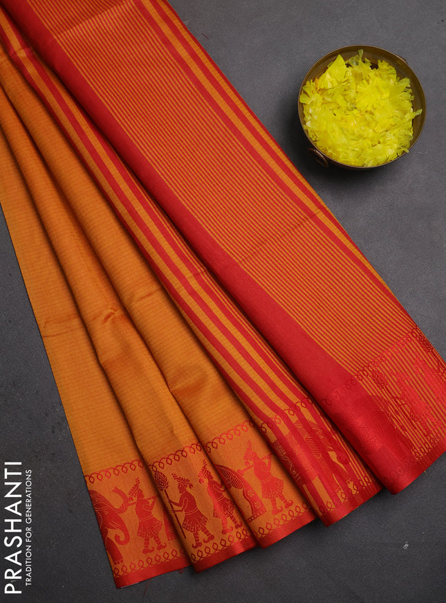 Semi dupion saree mango yellow and red with allover thread weaves and thread woven border