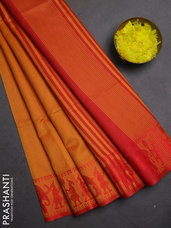 Semi dupion saree mango yellow and red with allover thread weaves and thread woven border