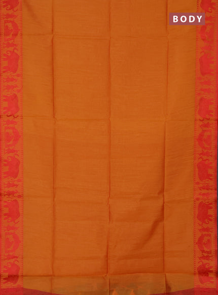 Semi dupion saree mango yellow and red with allover thread weaves and thread woven border