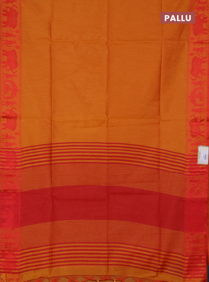 Semi dupion saree mango yellow and red with allover thread weaves and thread woven border