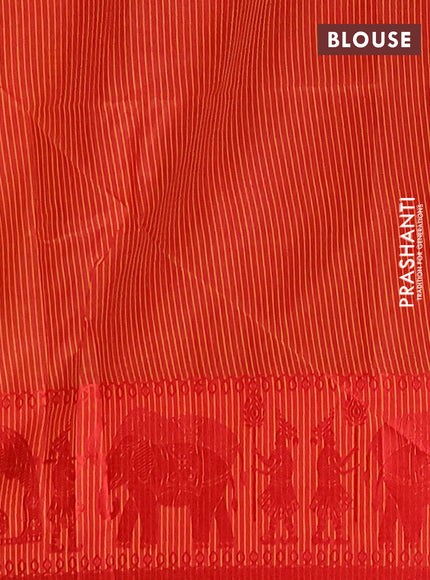 Semi dupion saree mango yellow and red with allover thread weaves and thread woven border