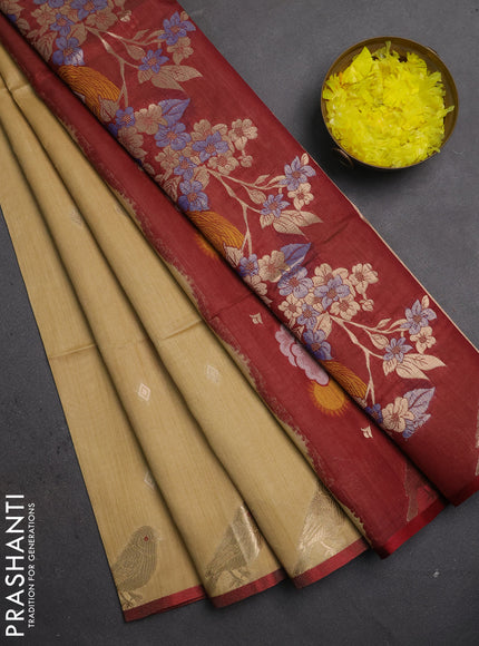 Semi dupion saree beige and maroon with allover thread & zari woven buttas and zari woven butta border