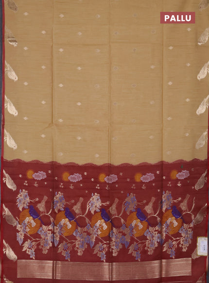Semi dupion saree beige and maroon with allover thread & zari woven buttas and zari woven butta border