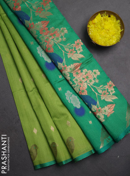 Semi dupion saree light green and green with allover thread & zari woven buttas and zari woven butta border