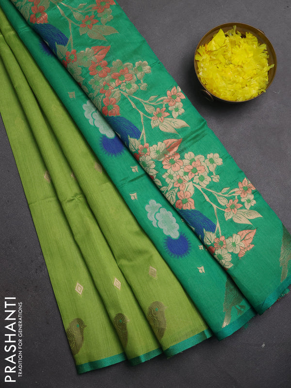 Semi dupion saree light green and green with allover thread & zari woven buttas and zari woven butta border