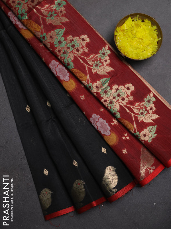 Semi dupion saree black and maroon with allover thread & zari woven buttas and zari woven butta border
