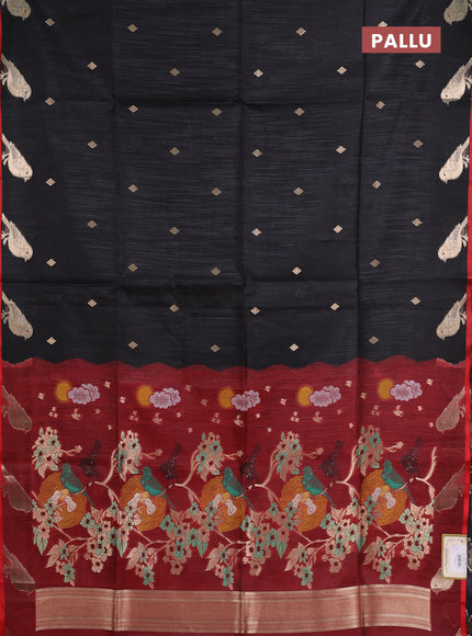 Semi dupion saree black and maroon with allover thread & zari woven buttas and zari woven butta border