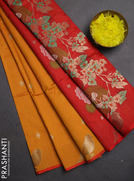 Semi dupion saree mango yellow and red with allover thread & zari woven buttas and zari woven butta border