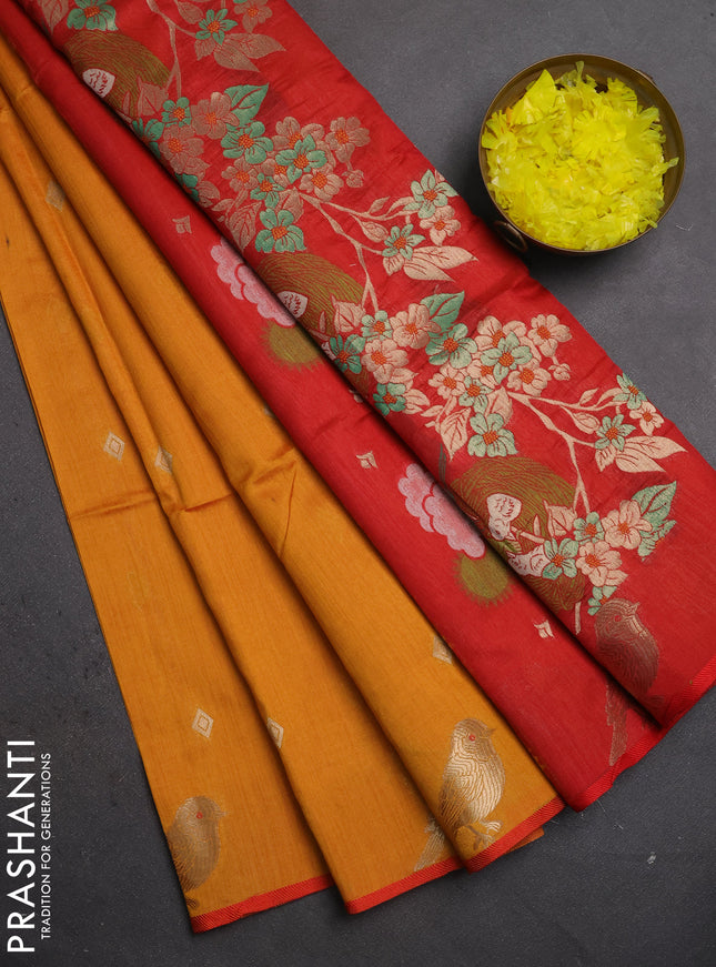 Semi dupion saree mango yellow and red with allover thread & zari woven buttas and zari woven butta border