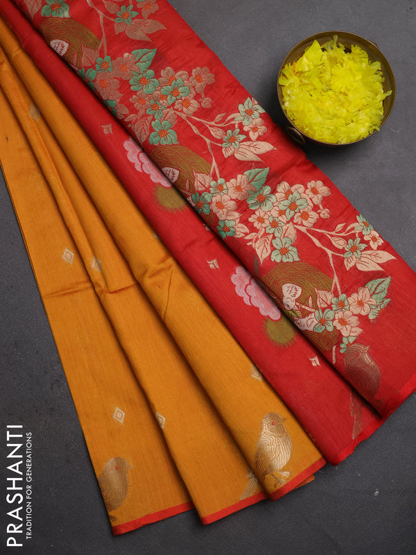 Semi dupion saree mango yellow and red with allover thread & zari woven buttas and zari woven butta border