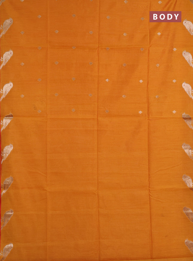Semi dupion saree mango yellow and red with allover thread & zari woven buttas and zari woven butta border