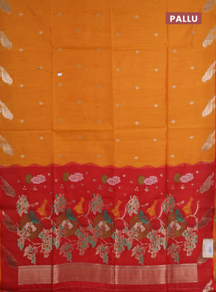 Semi dupion saree mango yellow and red with allover thread & zari woven buttas and zari woven butta border