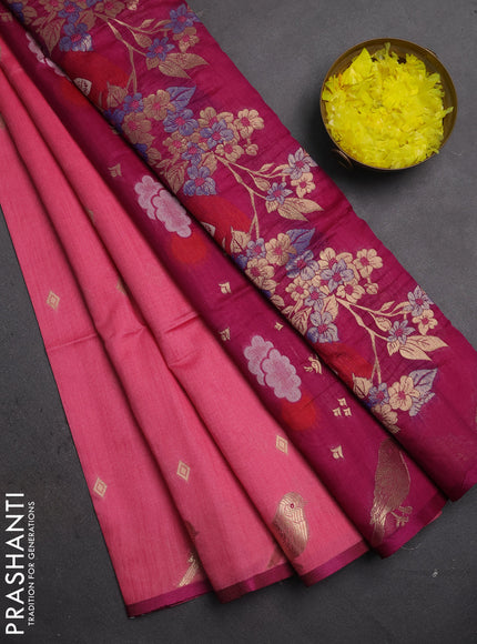 Semi dupion saree pink and magenta pink with allover thread & zari woven buttas and zari woven butta border