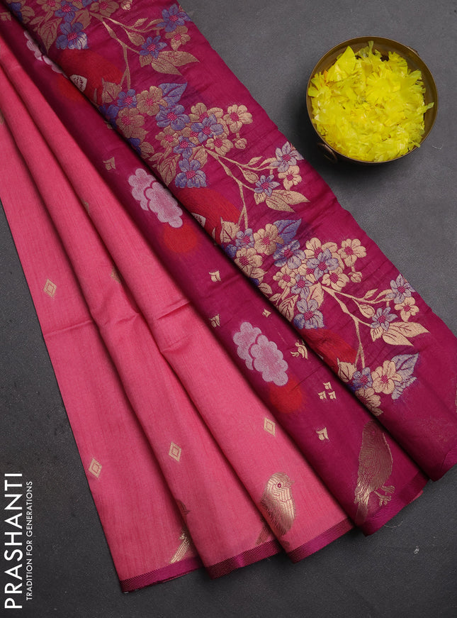 Semi dupion saree pink and magenta pink with allover thread & zari woven buttas and zari woven butta border