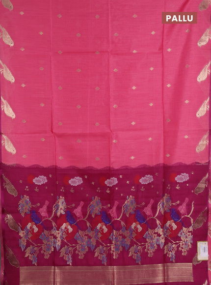 Semi dupion saree pink and magenta pink with allover thread & zari woven buttas and zari woven butta border
