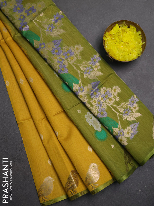 Semi dupion saree mustard yellow and light green with allover thread & zari woven buttas and zari woven butta border