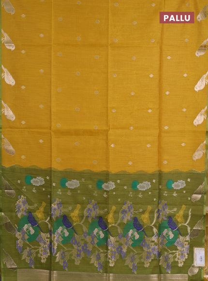 Semi dupion saree mustard yellow and light green with allover thread & zari woven buttas and zari woven butta border