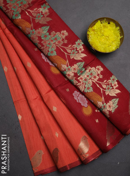 Semi dupion saree red and maroon with allover thread & zari woven buttas and zari woven butta border