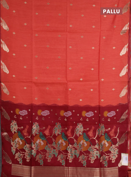 Semi dupion saree red and maroon with allover thread & zari woven buttas and zari woven butta border