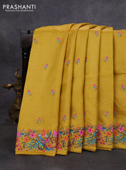 Pure tussar silk saree mustard yellow with embroidery buttas and convent embroidery border