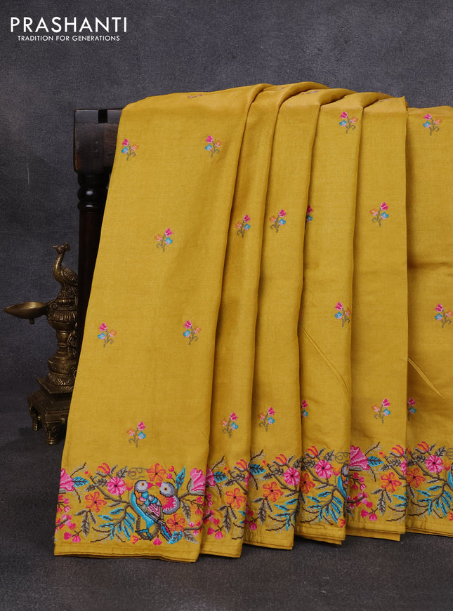 Pure tussar silk saree mustard yellow with embroidery buttas and convent embroidery border