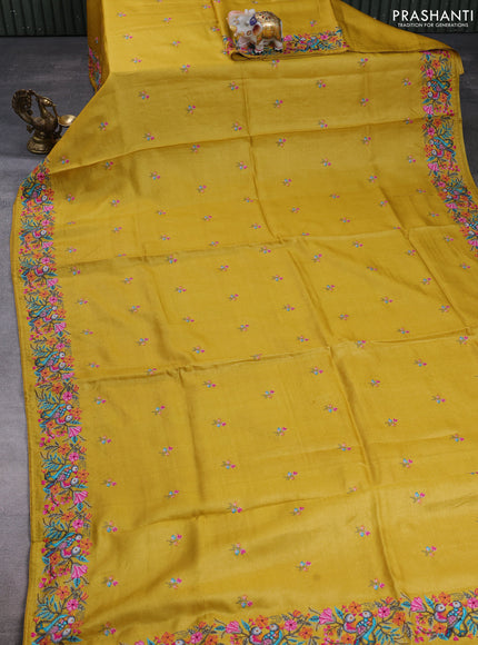 Pure tussar silk saree mustard yellow with embroidery buttas and convent embroidery border