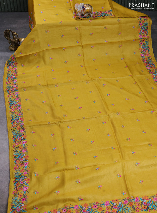Pure tussar silk saree mustard yellow with embroidery buttas and convent embroidery border