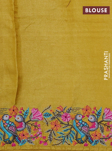 Pure tussar silk saree mustard yellow with embroidery buttas and convent embroidery border
