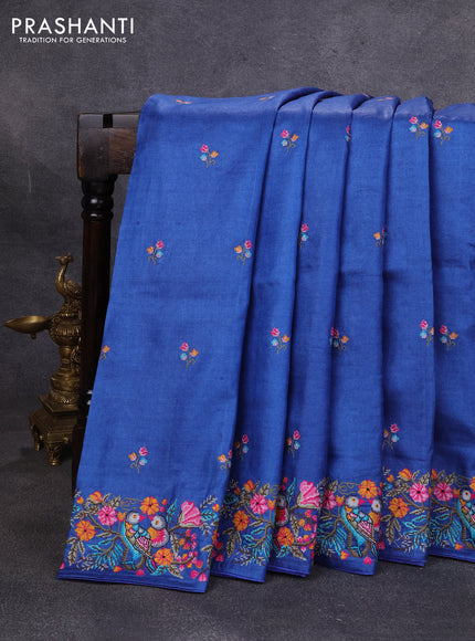 Pure tussar silk saree blue with embroidery buttas and convent embroidery border