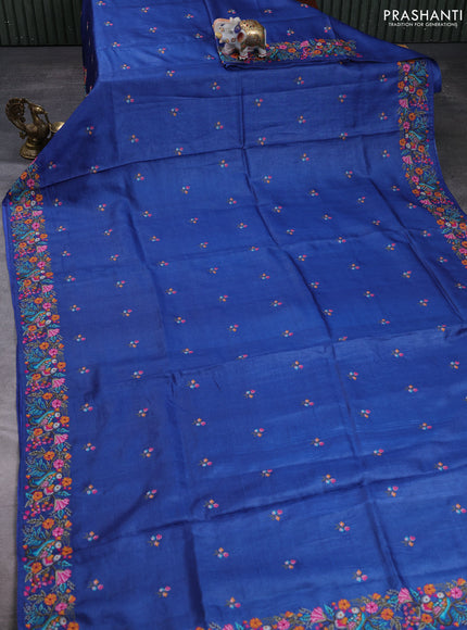 Pure tussar silk saree blue with embroidery buttas and convent embroidery border