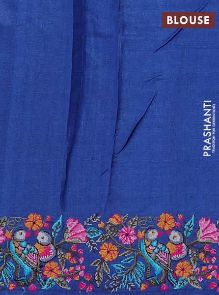 Pure tussar silk saree blue with embroidery buttas and convent embroidery border