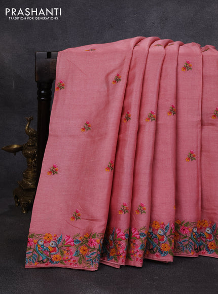 Pure tussar silk saree peach pink with embroidery buttas and convent embroidery border