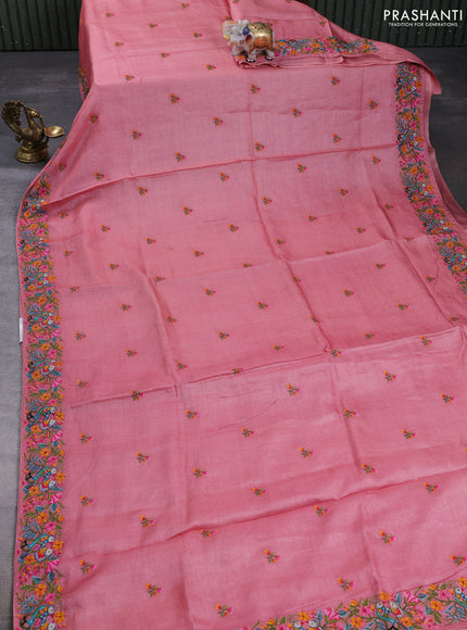 Pure tussar silk saree peach pink with embroidery buttas and convent embroidery border