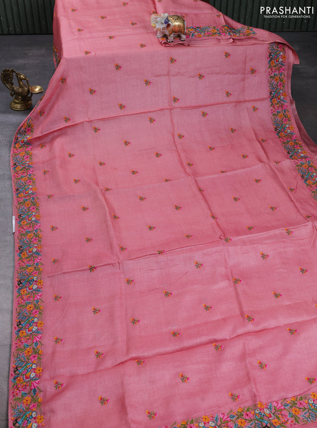 Pure tussar silk saree peach pink with embroidery buttas and convent embroidery border