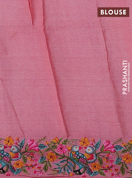 Pure tussar silk saree peach pink with embroidery buttas and convent embroidery border