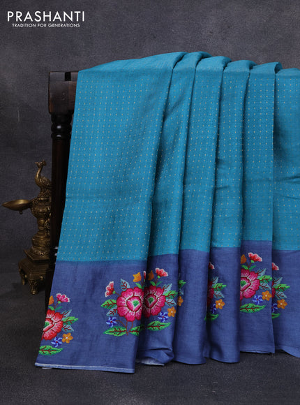 Pure tussar silk saree teal green and blue with allover zari woven buttas and floral embroidery butta border