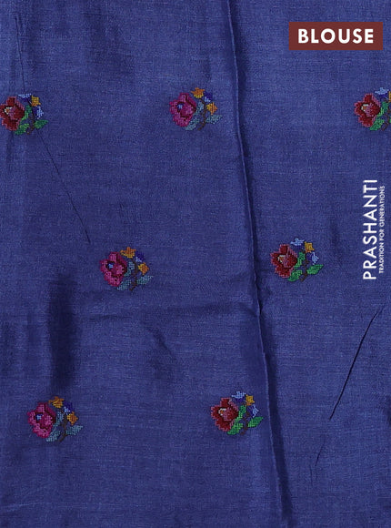 Pure tussar silk saree teal green and blue with allover zari woven buttas and floral embroidery butta border