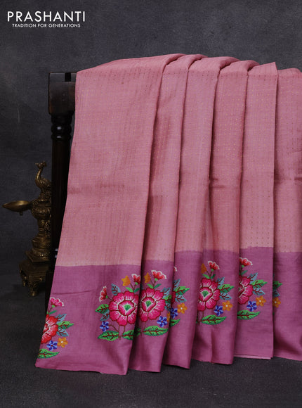 Pure tussar silk saree peach and mauve pink with allover zari woven buttas and floral embroidery butta border