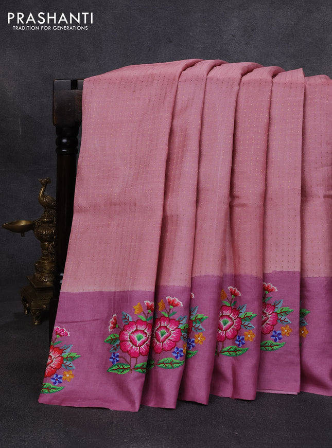 Pure tussar silk saree peach and mauve pink with allover zari woven buttas and floral embroidery butta border