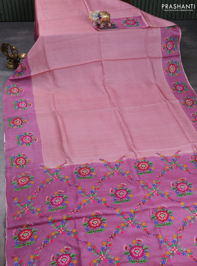 Pure tussar silk saree peach and mauve pink with allover zari woven buttas and floral embroidery butta border