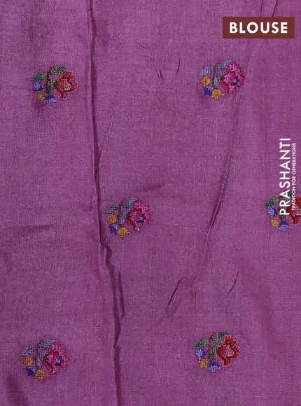 Pure tussar silk saree peach and mauve pink with allover zari woven buttas and floral embroidery butta border