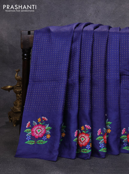 Pure tussar silk saree blue with allover zari woven buttas and floral embroidery butta border