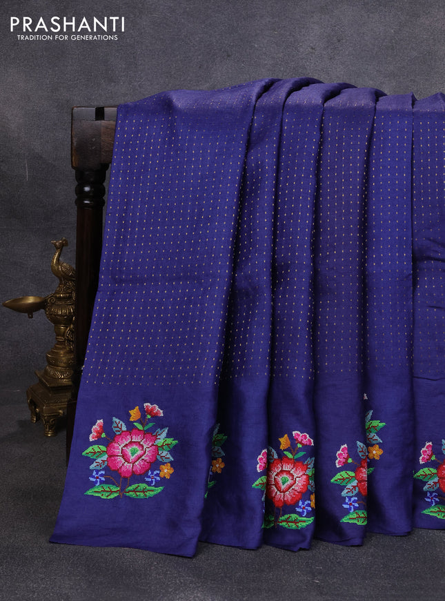 Pure tussar silk saree blue with allover zari woven buttas and floral embroidery butta border
