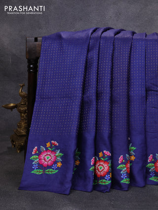Pure tussar silk saree blue with allover zari woven buttas and floral embroidery butta border