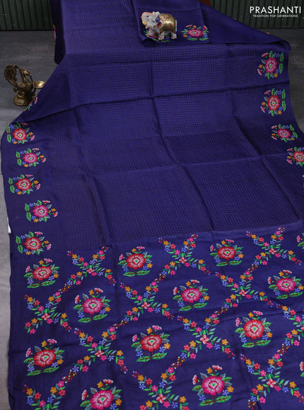 Pure tussar silk saree blue with allover zari woven buttas and floral embroidery butta border