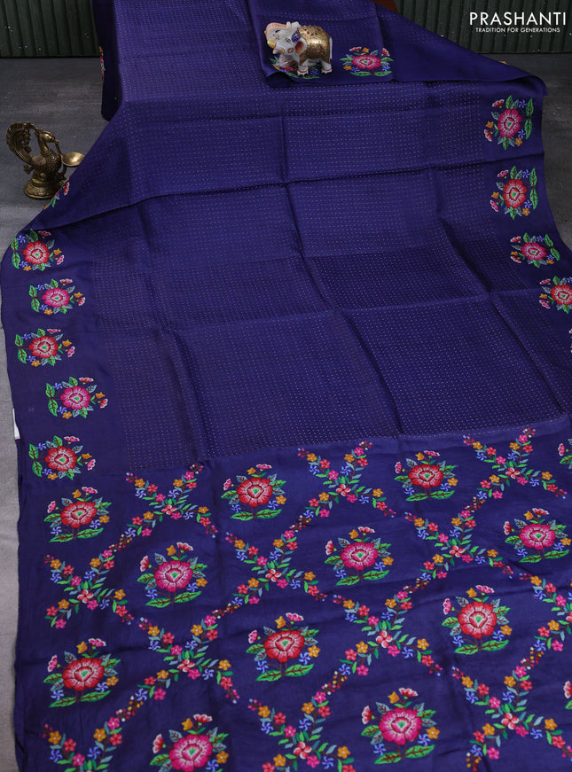 Pure tussar silk saree blue with allover zari woven buttas and floral embroidery butta border
