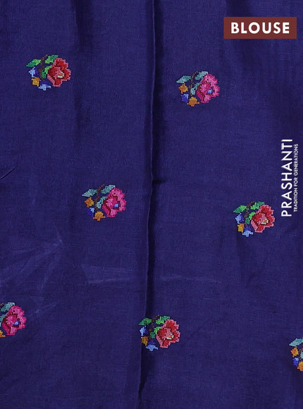 Pure tussar silk saree blue with allover zari woven buttas and floral embroidery butta border