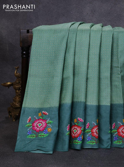 Pure tussar silk saree pastel green and peacock green with allover zari woven buttas and floral embroidery butta border