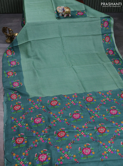 Pure tussar silk saree pastel green and peacock green with allover zari woven buttas and floral embroidery butta border